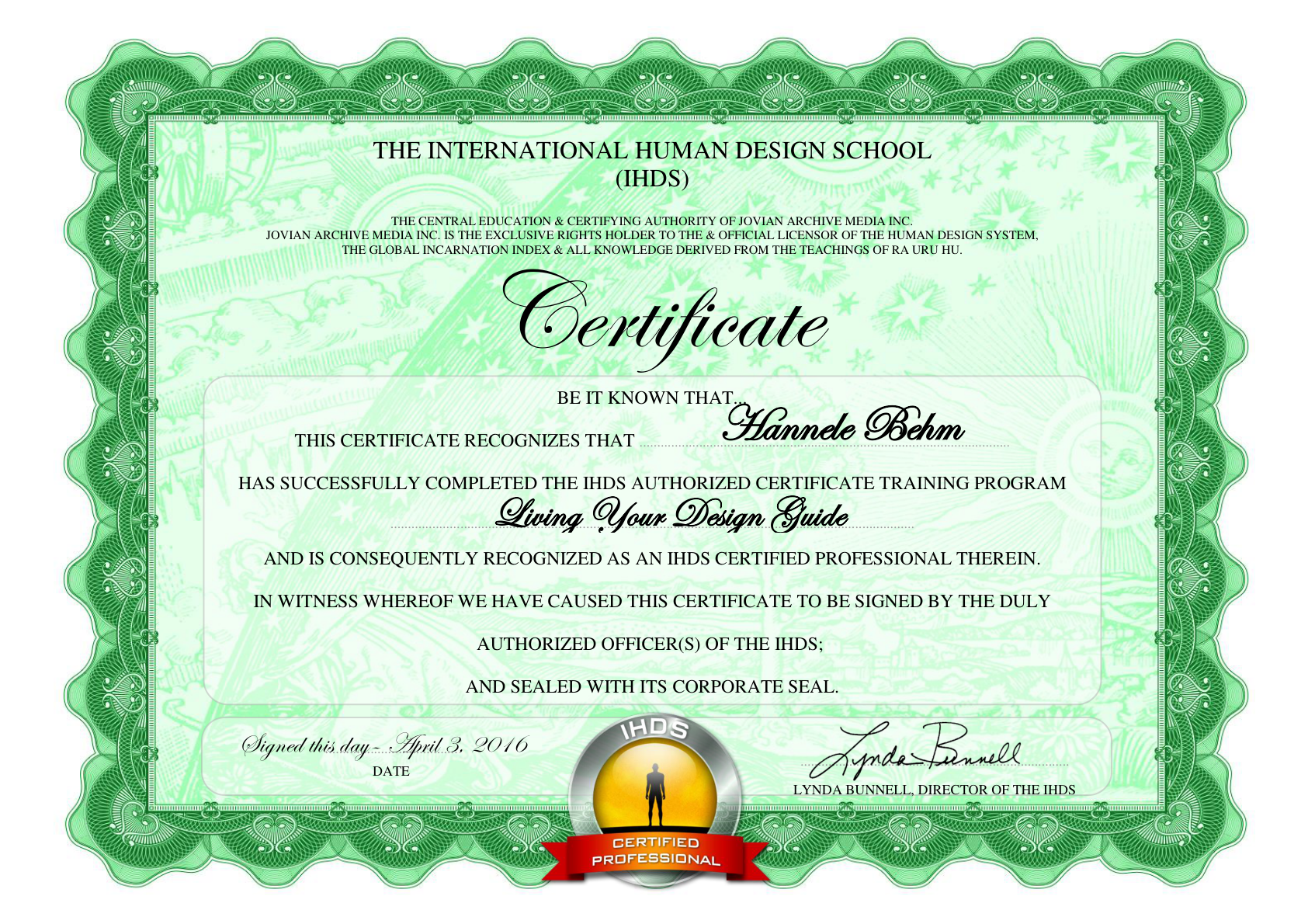 IHDS Certificate — Living Your Design Guide · Hannele Behm · 2016